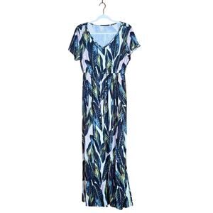 NWT Women's V-Neck Tie Belt Empire Waist Short Sleeve Maxi Dress Tropical L